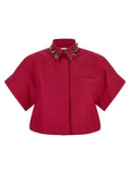 Fendi blouse multicolore en coton avec col floral et manches courtes rouge cropée