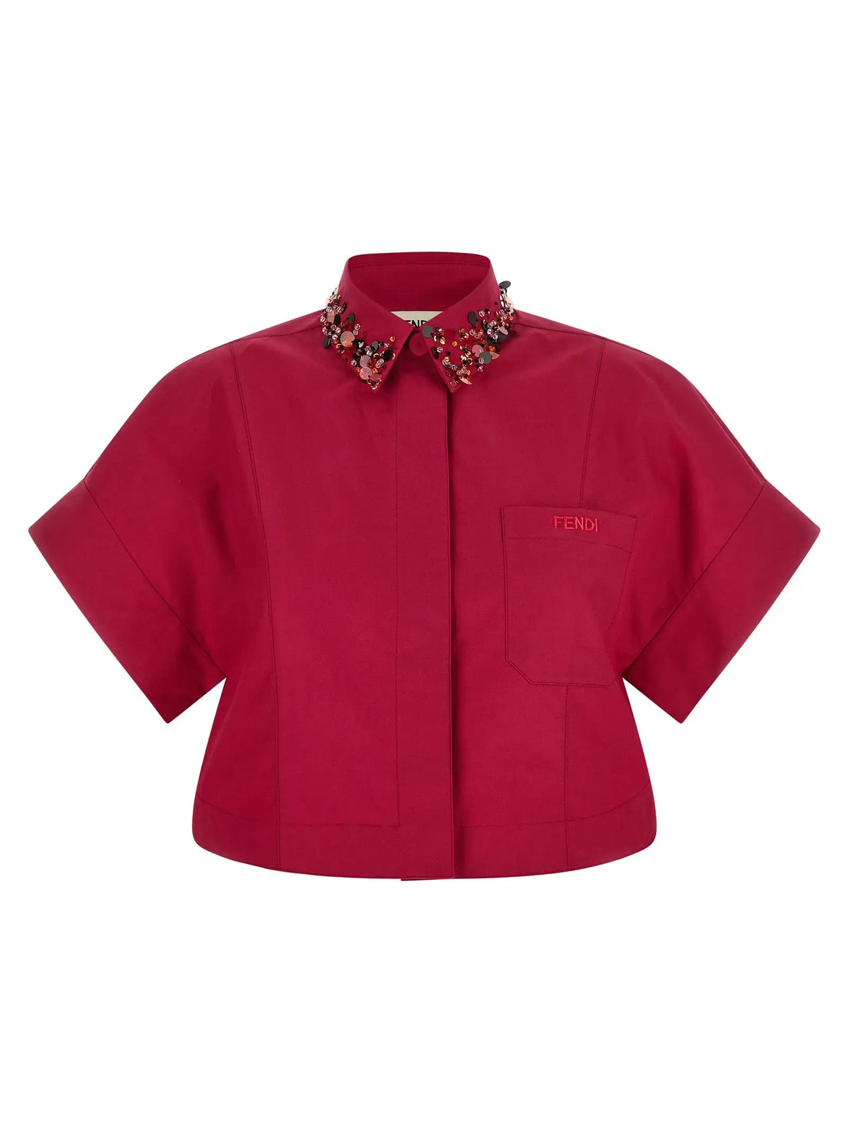 Fendi blouse multicolore en coton avec col floral et manches courtes rouge cropée
