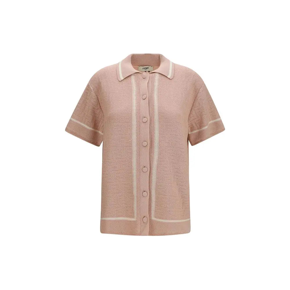 Cardigan en maille fendi rose doux avec col crème contrastant, poignets et bordure avant en coton multicolore manches courtes