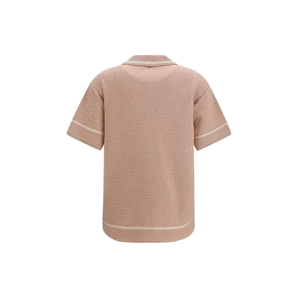 Chemise polo fendi multicolore en coton beige doux à manches courtes avec trame texturée et bordures crème contrastées