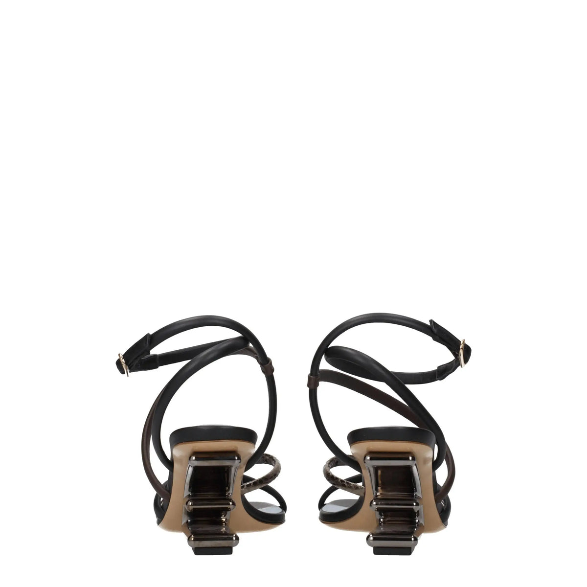 Fendi multicolor leather flat sandals en cuir noir avec talon bloc métallique distinctif