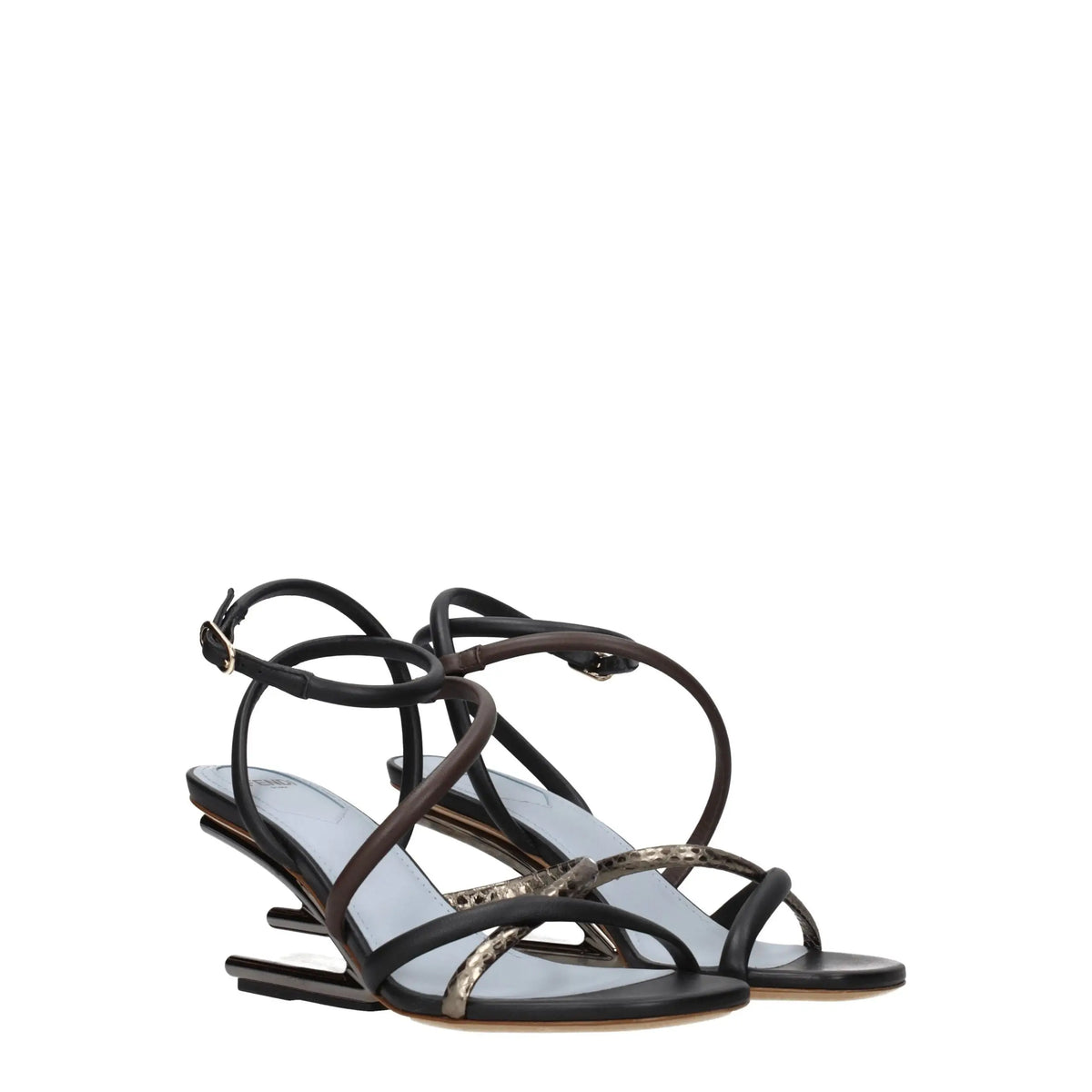 Sandales plates fendi en cuir noir avec talon géométrique et brides métalliques effet serpent multicolores