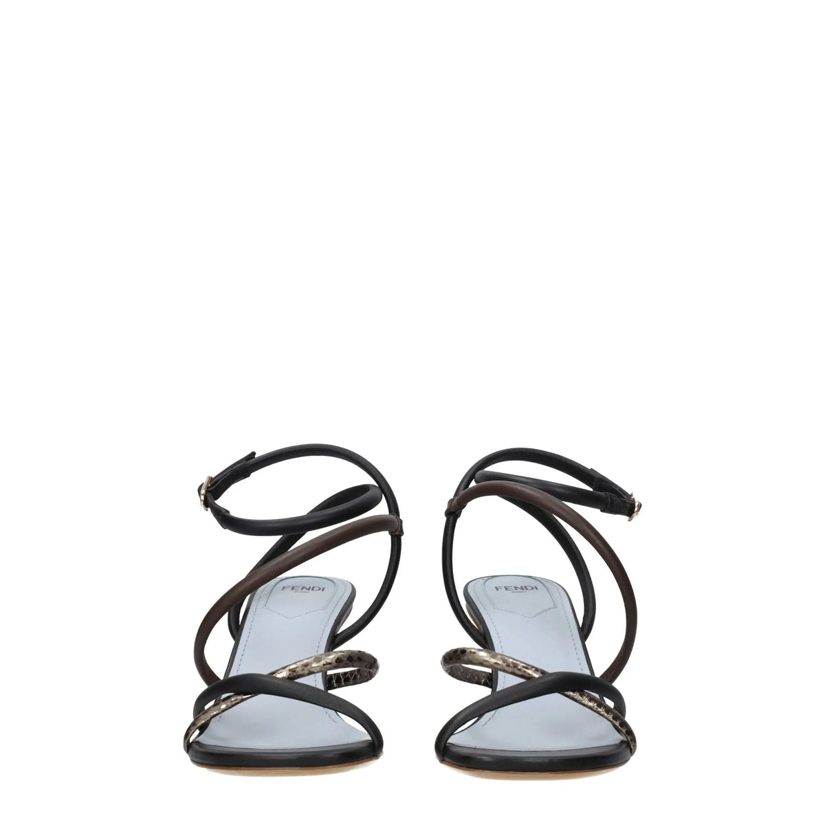 Sandales plates fendi multicolores en cuir noir avec lanières croisées complexes et accents métalliques