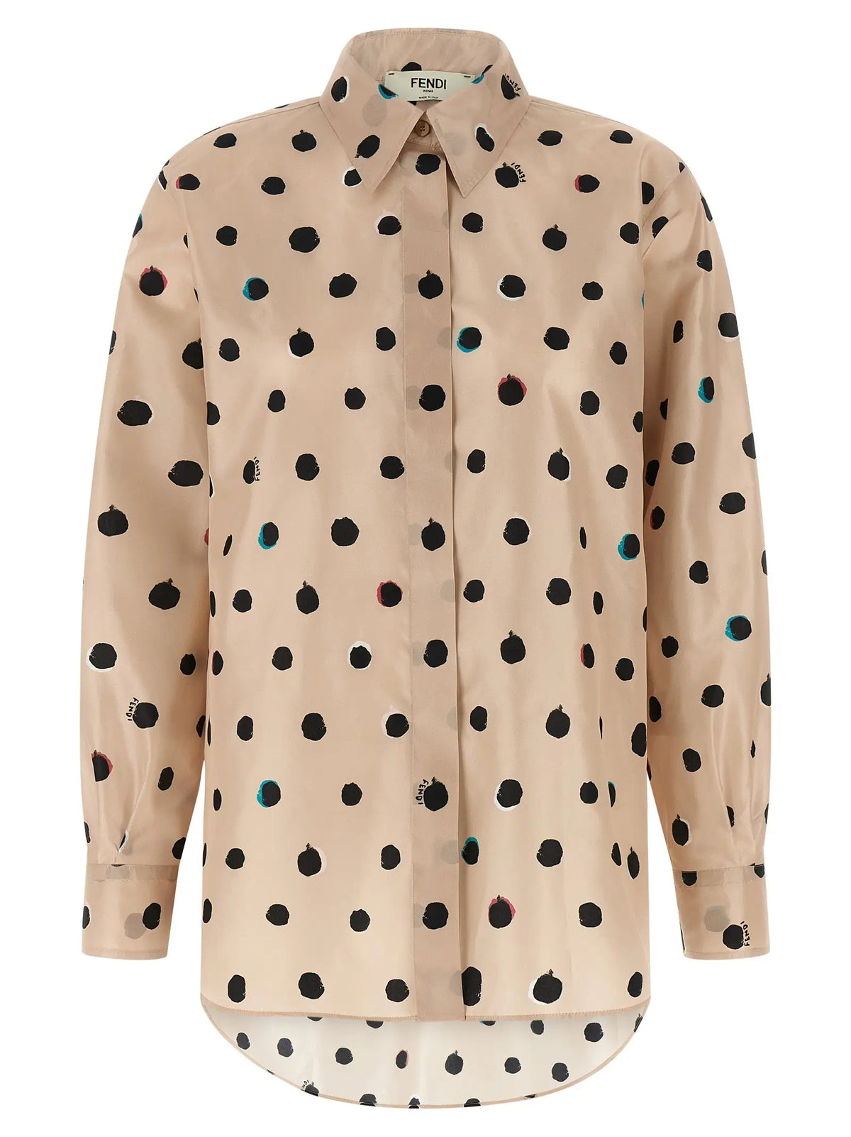 Chemise fendi beige en soie avec boutons noirs à pois et accents colorés subtils