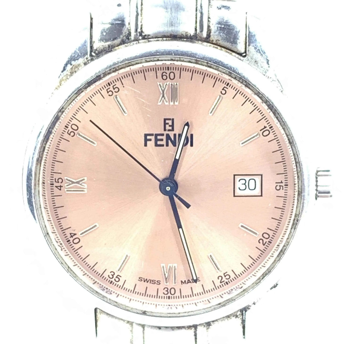Montre homme fendi en acier inoxydable argenté avec cadran rose gold et dateur à 3 heures