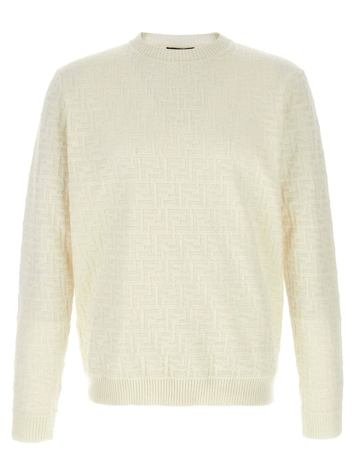 Cardigan en coton blanc fendi avec motif texturé répétitif du logo ff en maille couleur crème