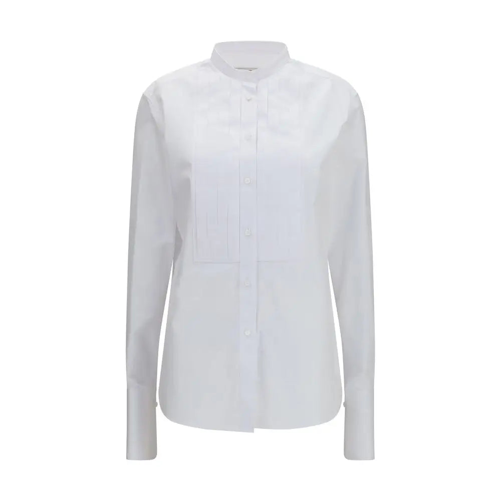 Chemise blanche en coton fendi avec col mandarin et plis subtils sur le devant