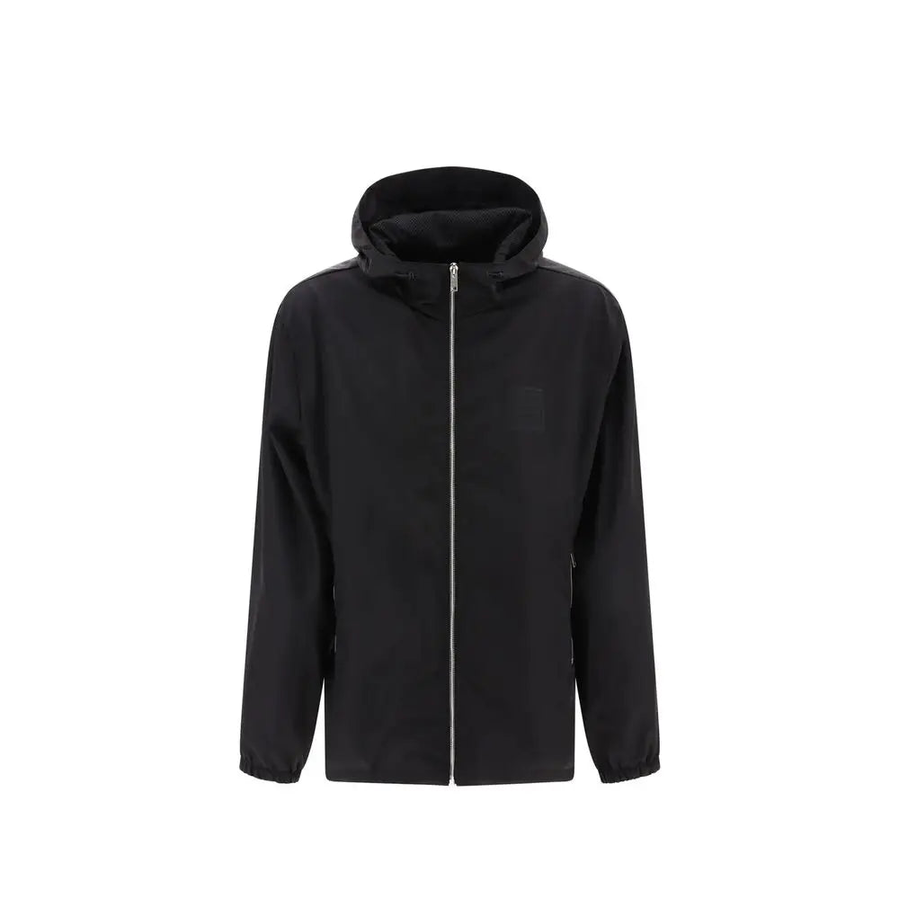 Veste givenchy en nylon noir à capuche avec fermeture éclair argentée et design minimaliste élégant