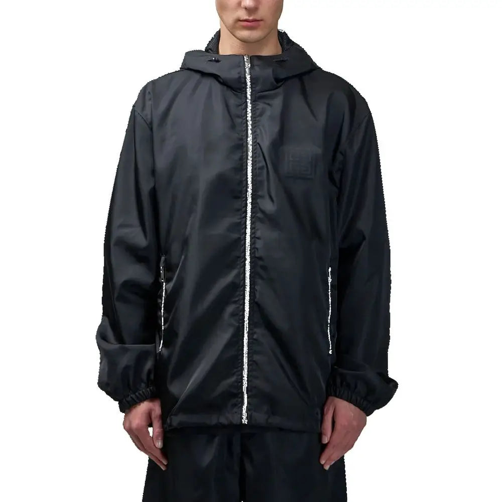 Veste givenchy noire en nylon avec capuche, fermeture éclair argentée réfléchissante et poches latérales