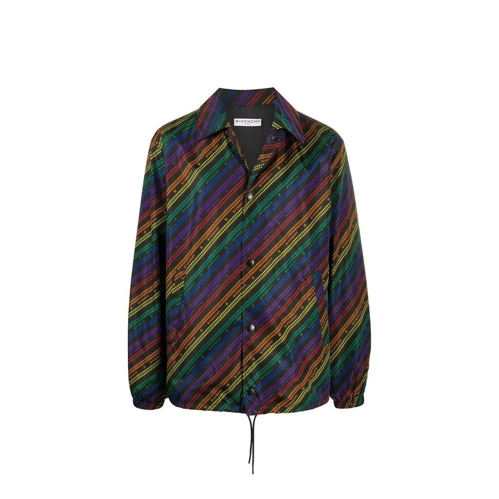 Givenchy black polyamide shell jacket with vibrant diagonal rainbow stripes and subtle chain-like texture