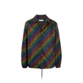 Givenchy black polyamide shell jacket with vibrant diagonal rainbow stripes and subtle chain-like texture