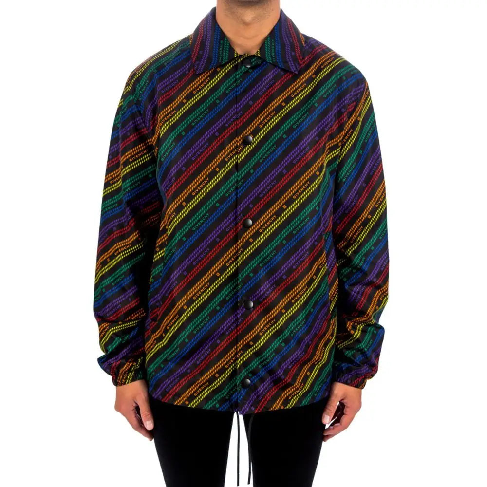 Givenchy black polyamide shell jacket with rainbow-striped diagonal pattern, black buttons, and drawstring hem