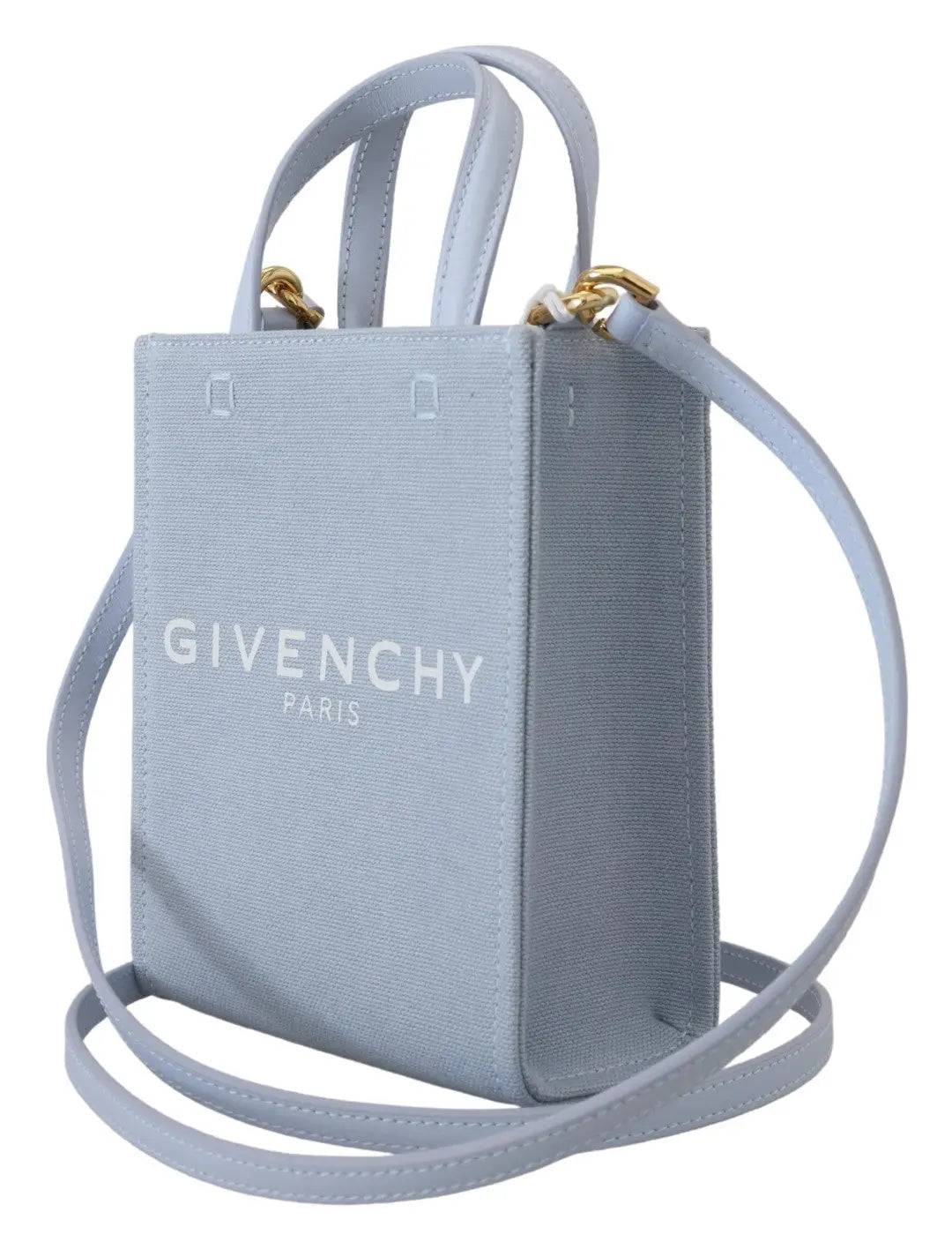 Sac fourre-tout Givenchy Paris bleu clair en toile avec fermetures métalliques dorées et doubles poignées supérieures