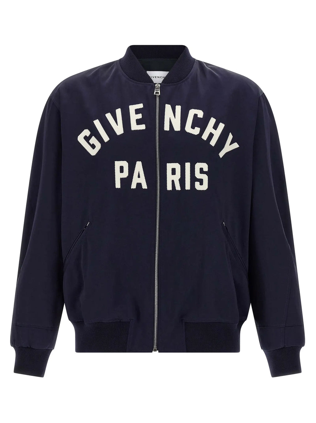 Veste bomber givenchy paris bleu marine en coton avec lettrage blanc brodé et fermeture éclair argentée