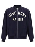 Veste bomber givenchy paris bleu marine en coton avec lettrage blanc brodé et fermeture éclair argentée