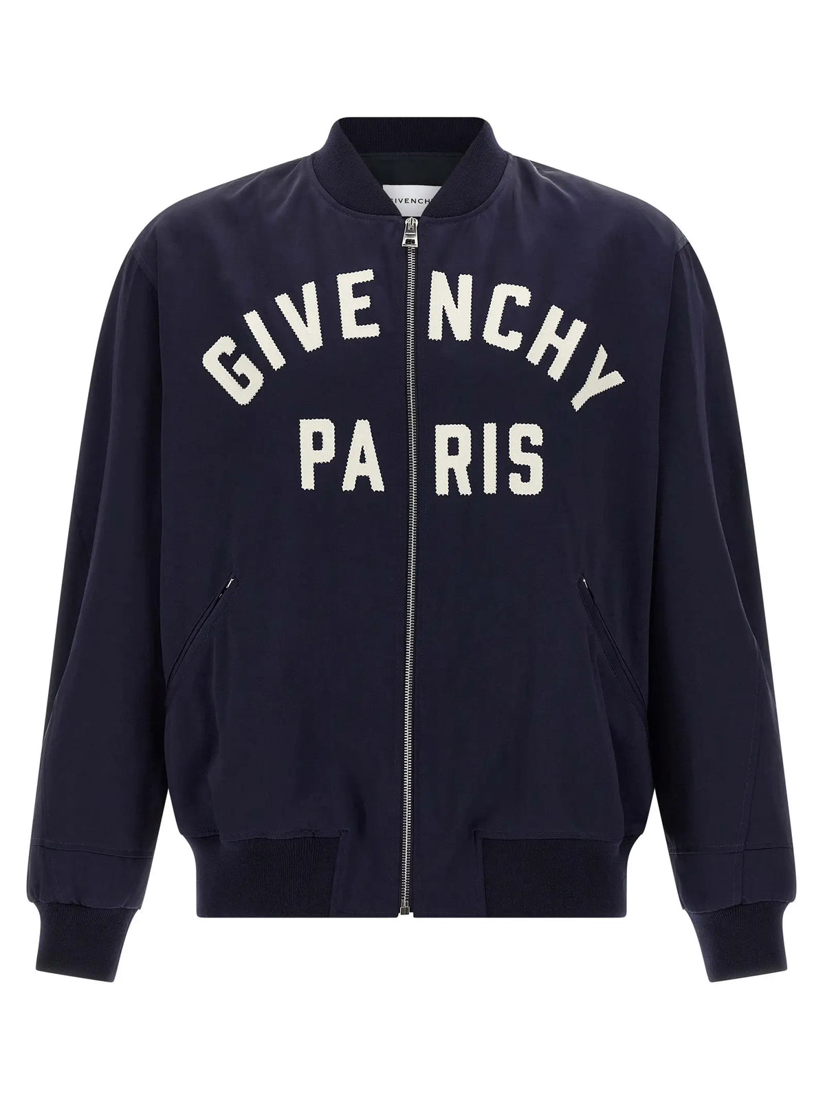 Veste bomber givenchy paris bleu marine en coton avec lettrage blanc brodé et fermeture éclair argentée