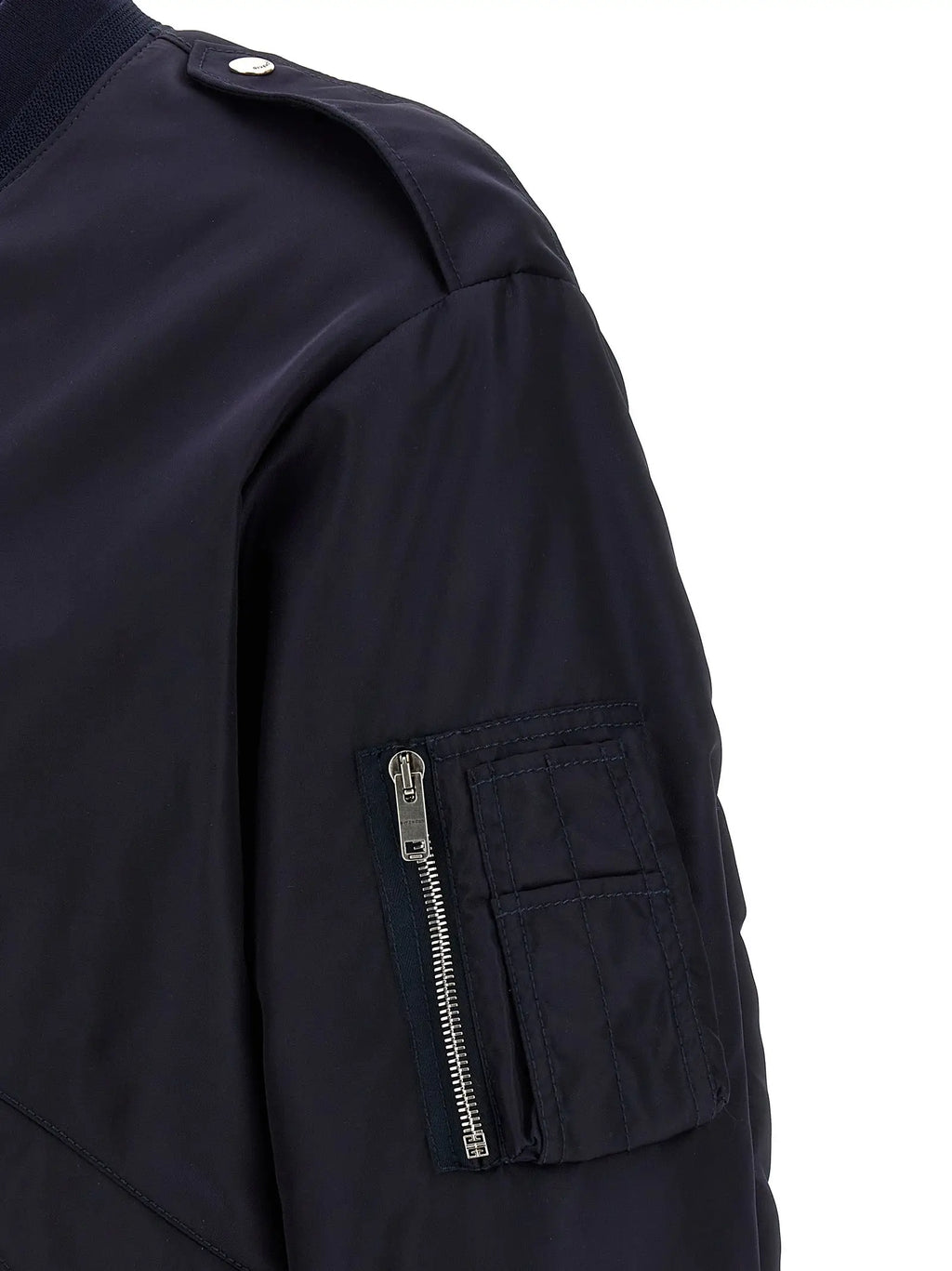 Veste bomber givenchy bleu en polyamide avec fermeture éclair argentée et surpiqûres renforcées sur la poche manches