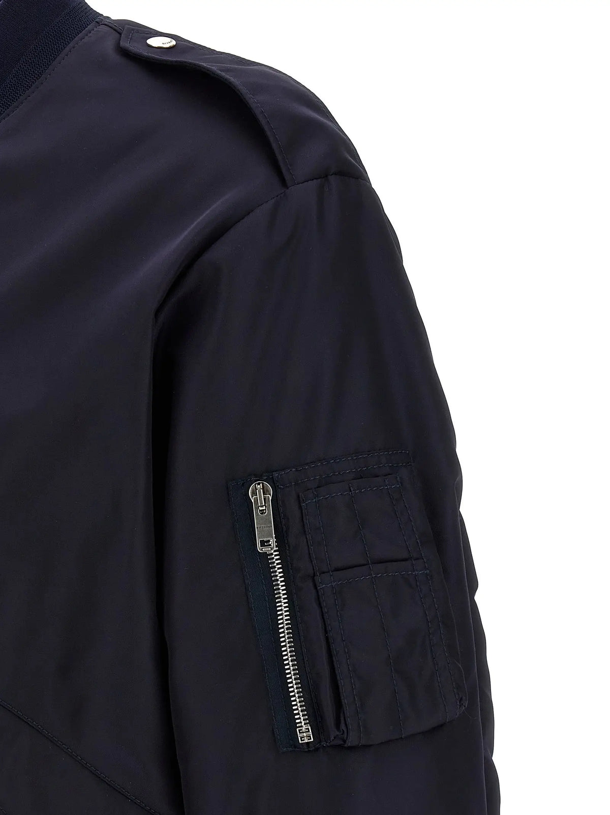 Veste bomber givenchy bleu en polyamide avec fermeture éclair argentée et surpiqûres renforcées sur la poche manches
