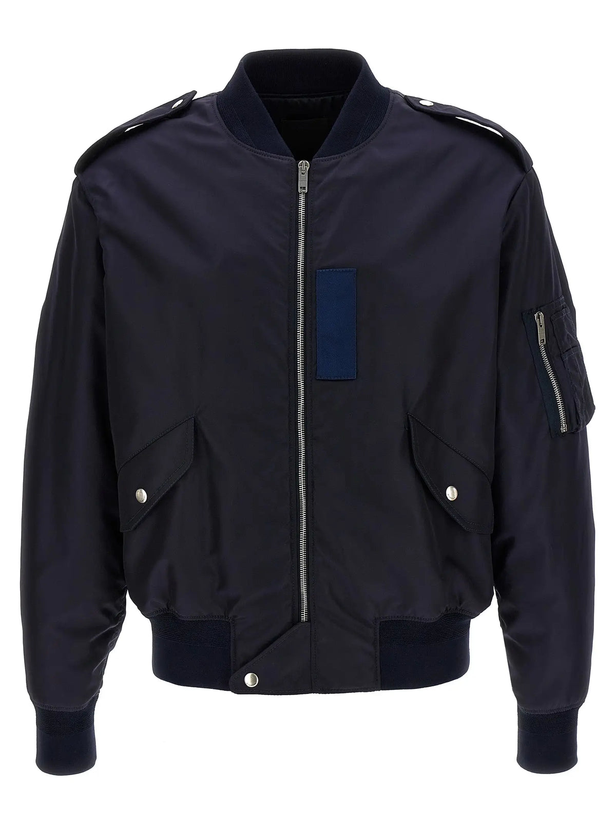 Blouson bomber givenchy bleu en polyamide noir avec patch rectangulaire bleu marine et zips argentés