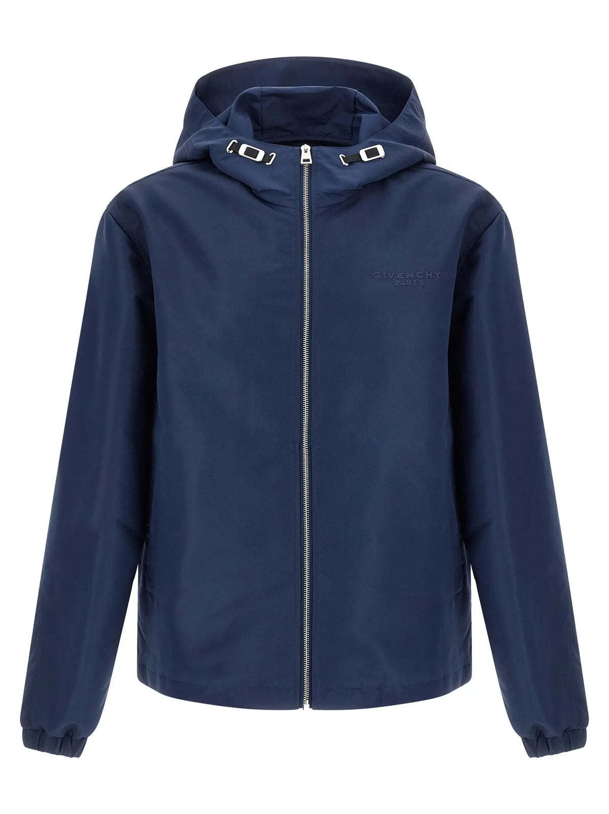 Veste coque en polyester bleu navy givenchy avec capuche fermeture éclair argentée et poignets ajustables