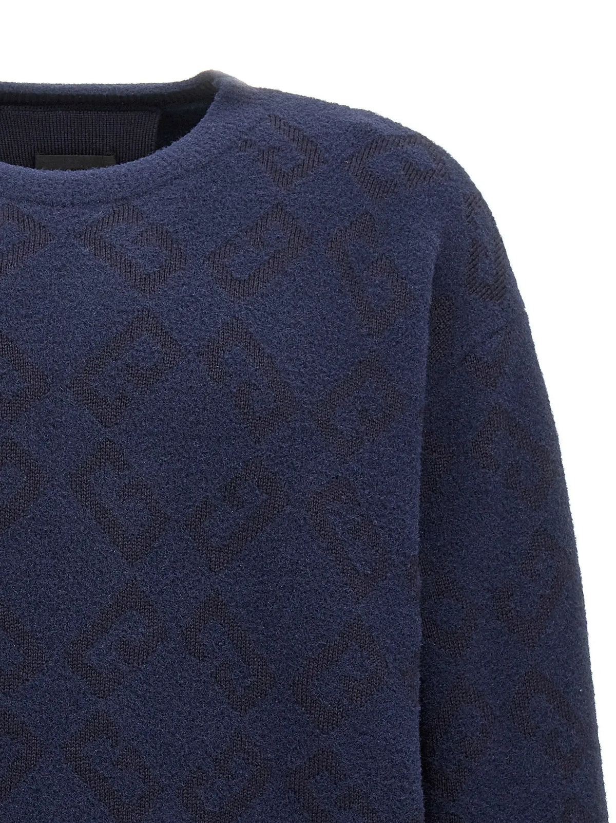 Givenchy blue wool cardigan deep navy knit sweater with subtle repeating geometric pattern woven into fabric