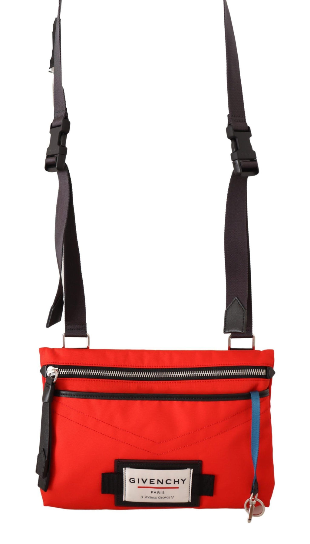 Sac à bandoulière Givenchy Downtown en polyamide rouge, vue de face avec détails du logo et de la texture du tissu.