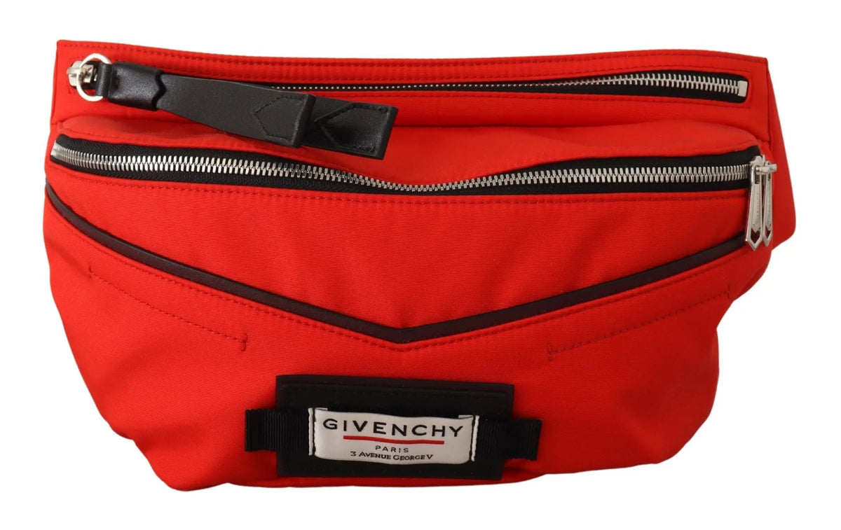 Givenchy sac banane polyamide rouge avec fermetures éclair noires et détails en cuir