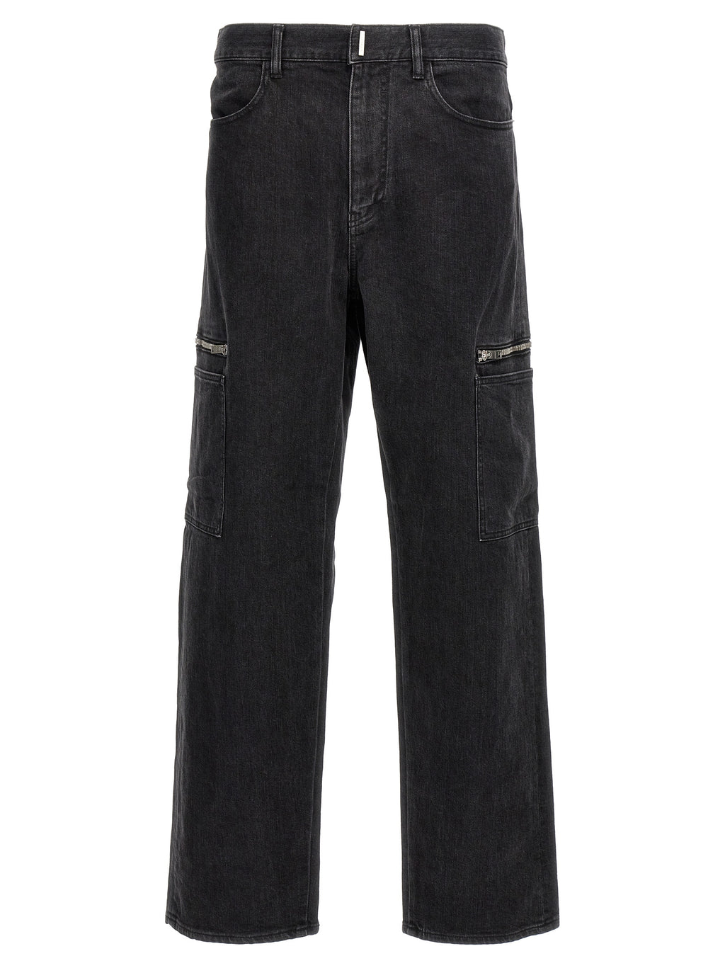 Jeans noirs en coton de denim Givenchy, coupe classique avec détails élégants, visibles en gros plan.