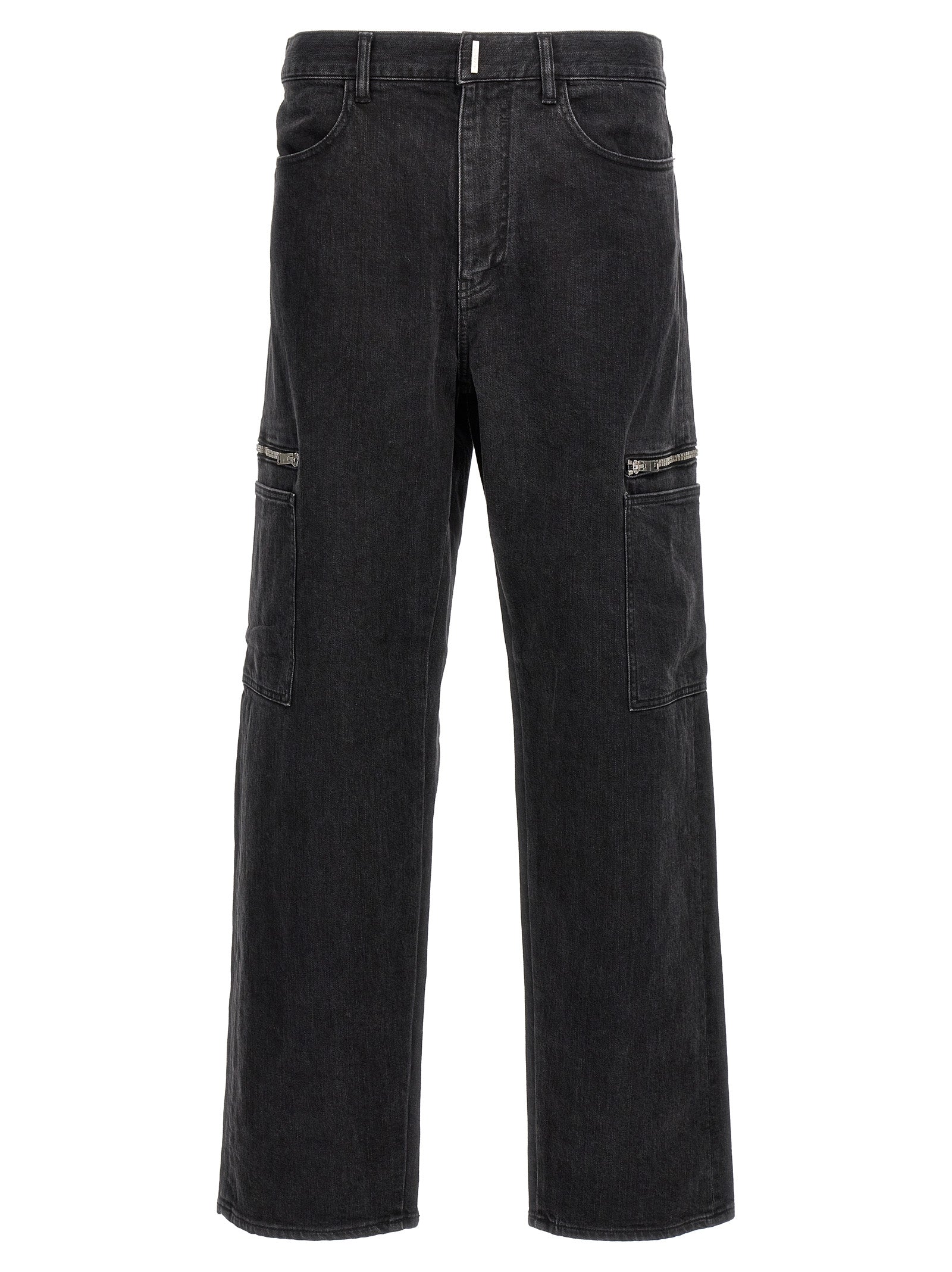 Jeans noirs en coton de denim Givenchy, coupe classique avec détails élégants, visibles en gros plan.