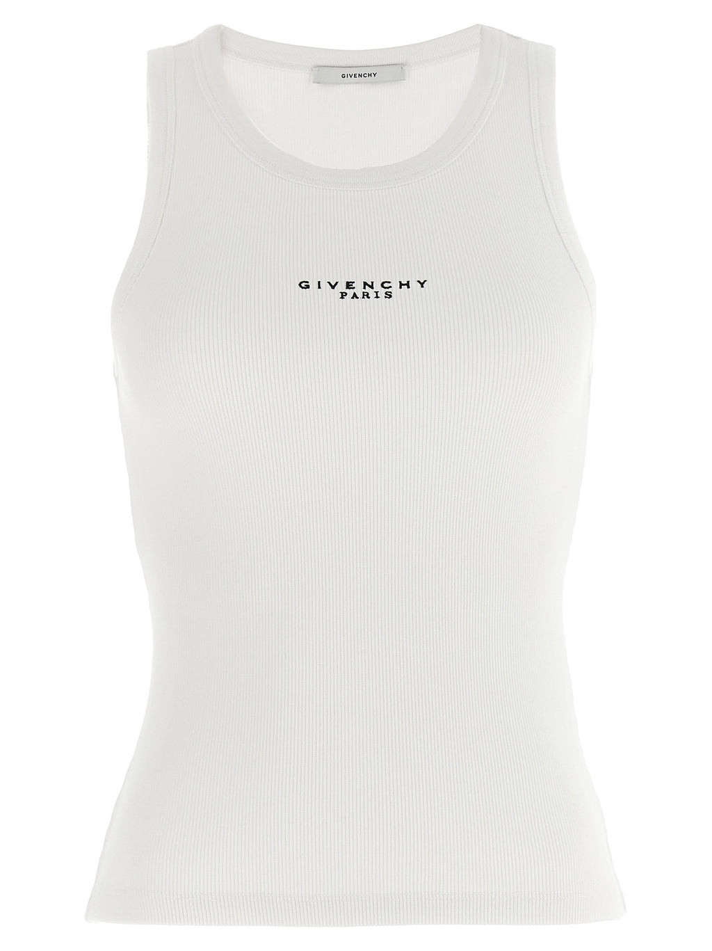 T-shirt blanc sans manches Givenchy en coton, vue de face, avec logo discret sur la poitrine.