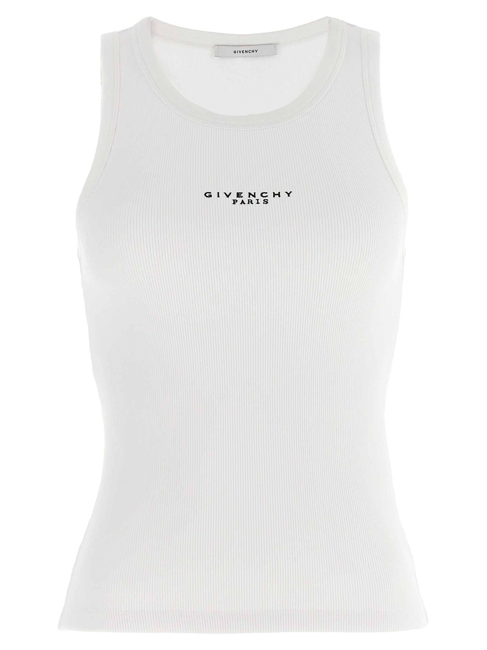 T-shirt blanc sans manches Givenchy en coton, vue de face, avec logo discret sur la poitrine.