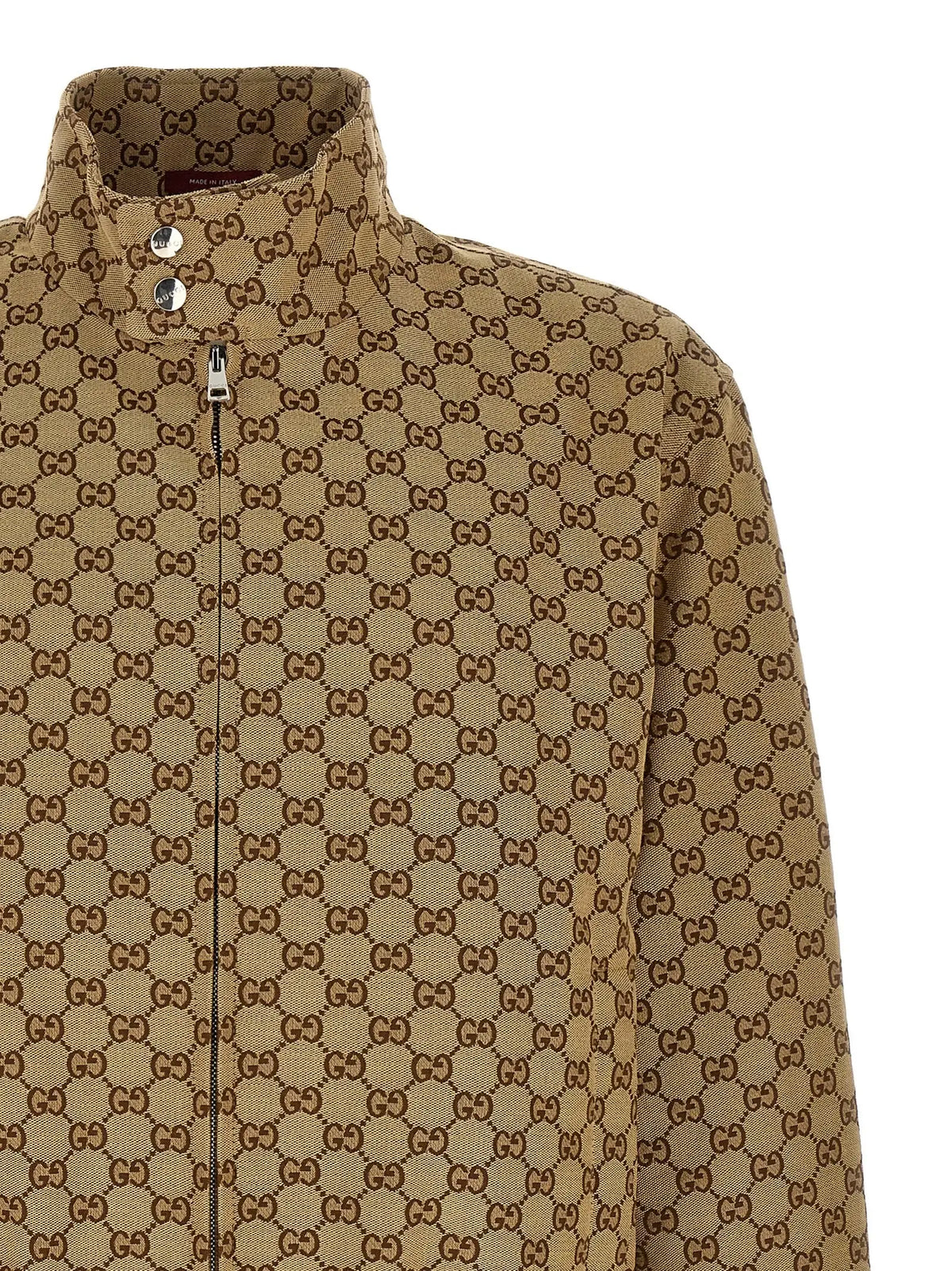 Veste bomber gucci beige en coton avec motif répété marron logo gg entrelacé sur tissu tan