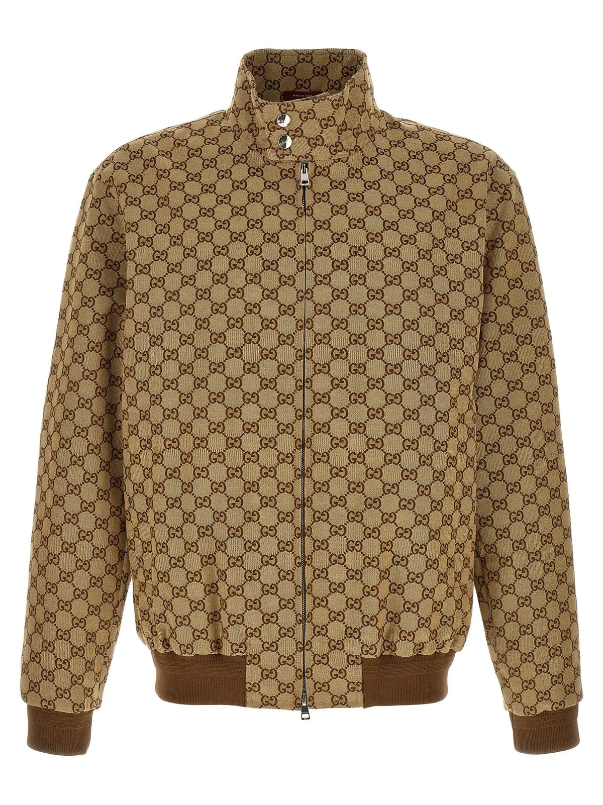 Veste bomber gucci beige en coton avec motif gg marron entrelacé répétitif sur tissu beige