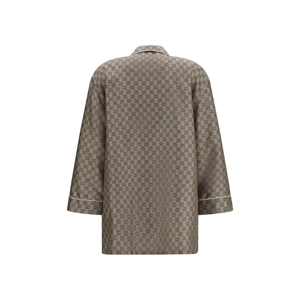 Chemise en soie beige gucci avec motif monogramme gg répétitif et bordure blanche aux poignets