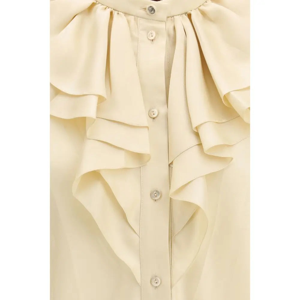 Blouse gucci beige en soie crème avec volants superposés et boutons argentés