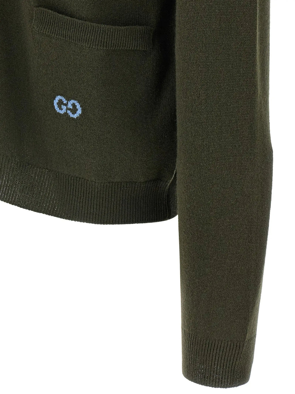 Cardigan gucci bicolor en cachemire olive avec logo bleu brodé subtil sur la poche poitrine