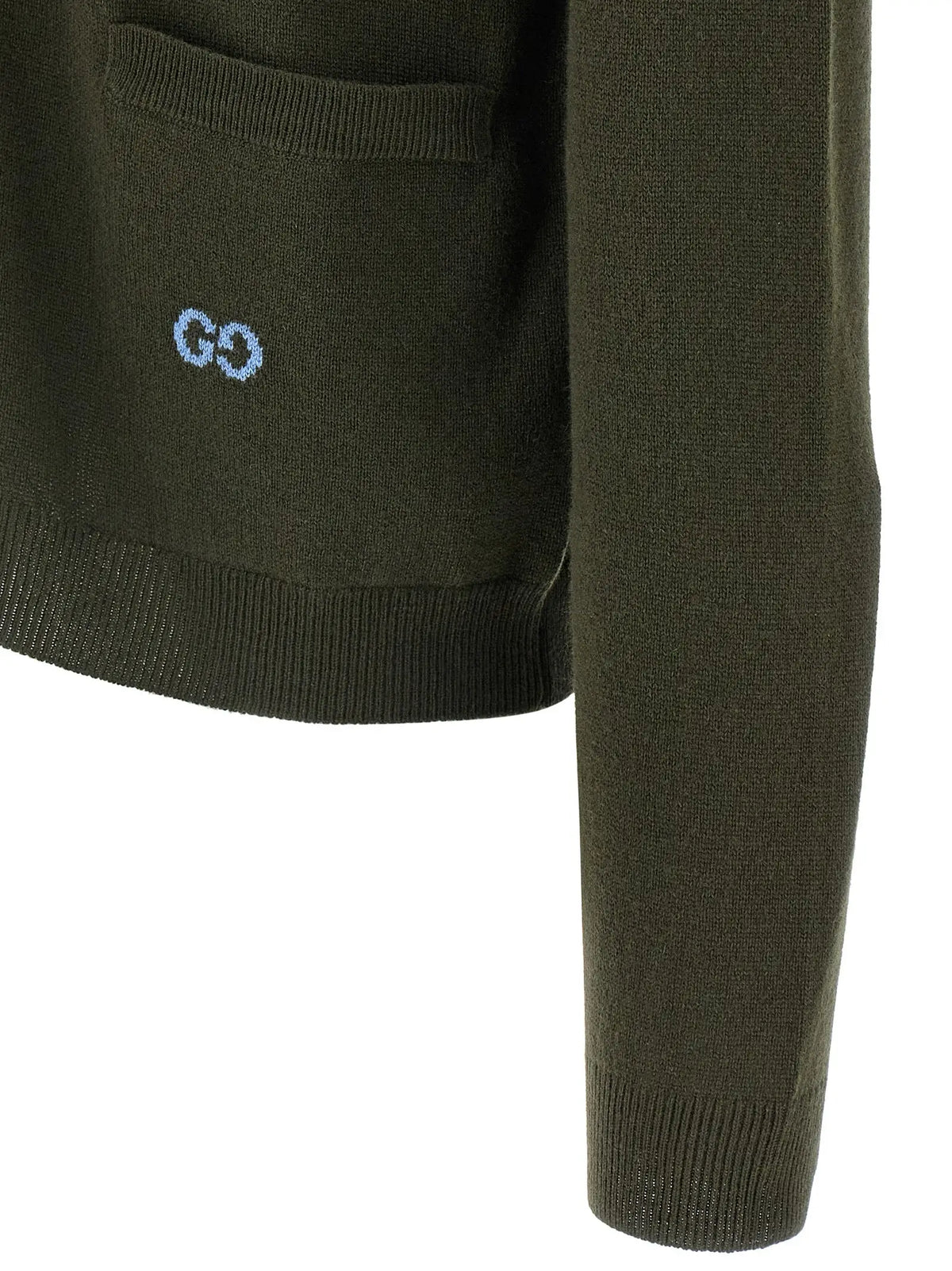 Cardigan gucci bicolor en cachemire olive avec logo bleu brodé subtil sur la poche poitrine