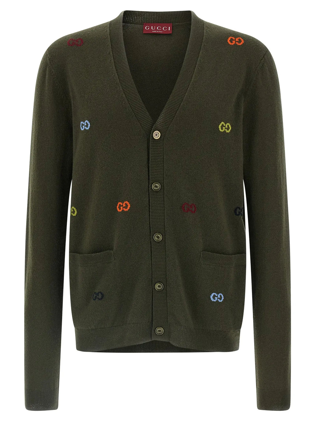 Cardigan gucci bicolor en cachemire olive avec logos gu colorés brodés sur le devant et les manches