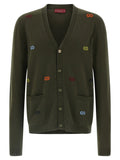 Cardigan gucci bicolor en cachemire olive avec logos gu colorés brodés sur le devant et les manches