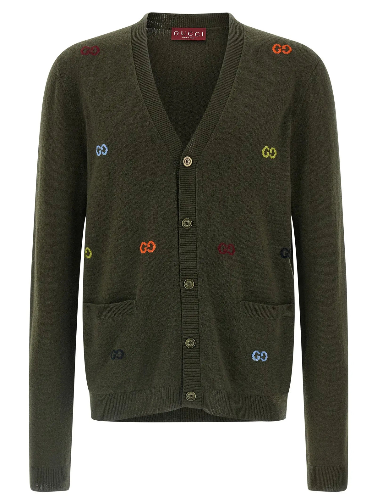 Cardigan gucci bicolor en cachemire olive avec logos gu colorés brodés sur le devant et les manches