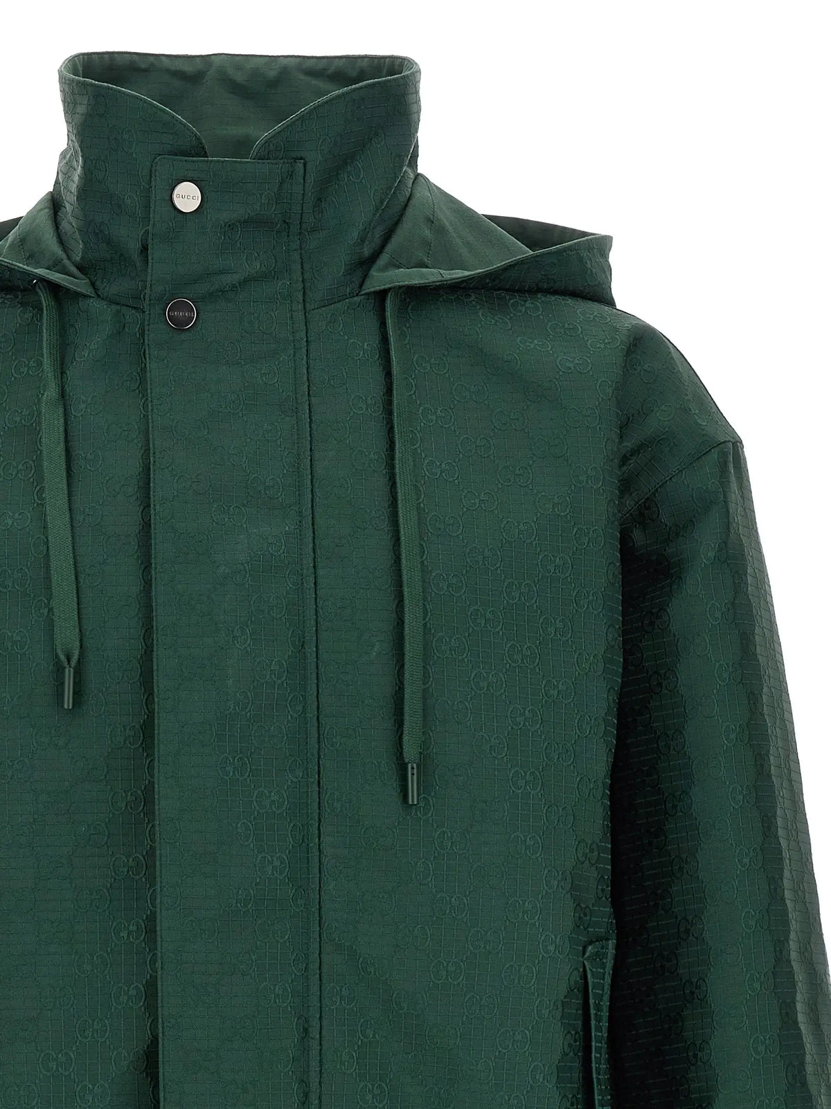 Veste à capuche gucci bicolor en coton vert foncé avec motif discret logo gg répétitif sur le tissu