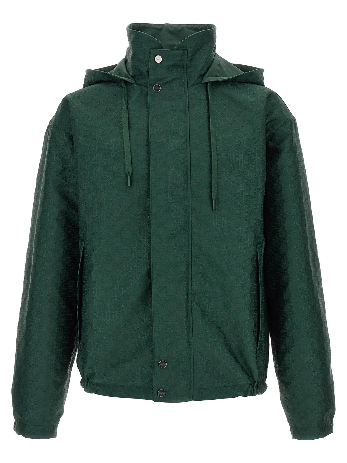 Veste gucci bicolor en coton avec capuche vert foncé et motif texturé discret fermeture boutonnée devant