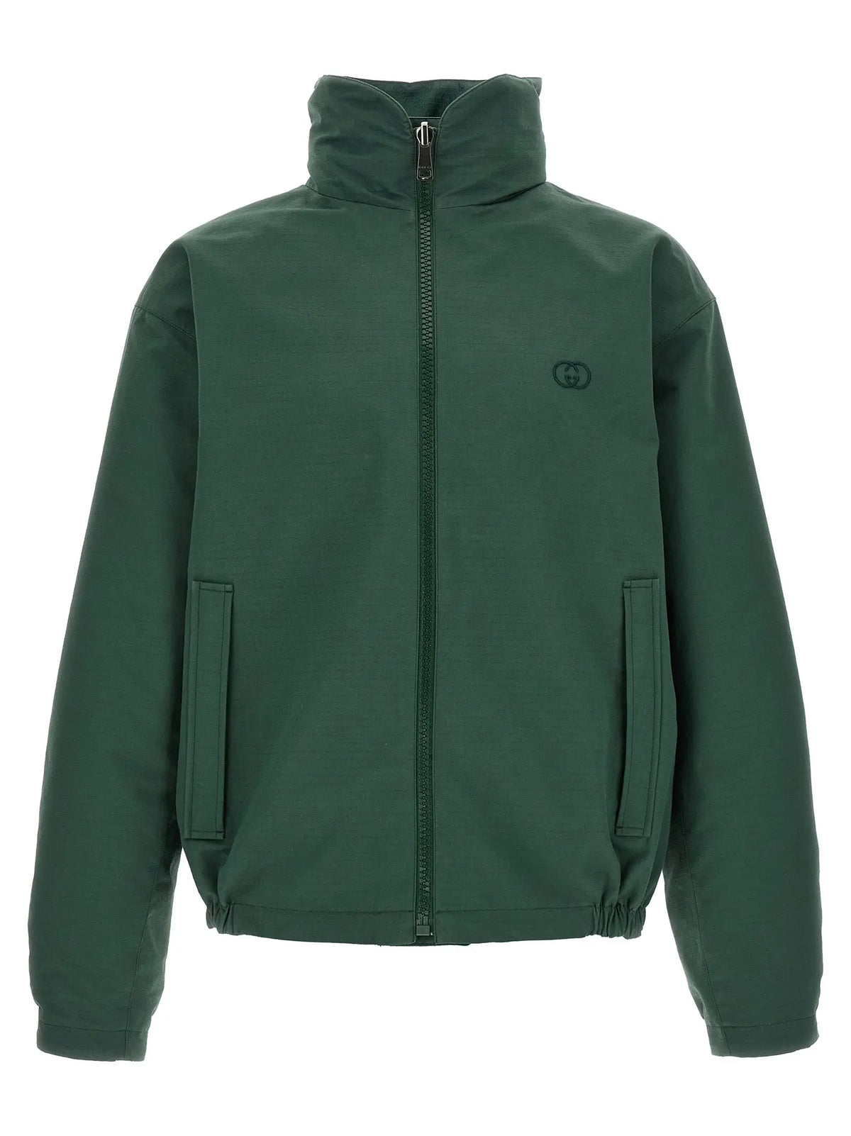 Veste gucci bicolor en coton vert foncé avec col montant et broderie logo subtile sur la poitrine