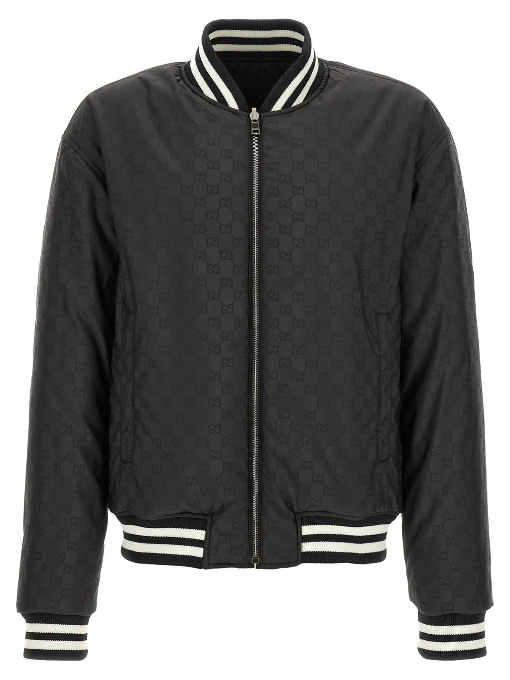 Blouson aviateur gucci bicolor en polyester noir avec logo discret et col boutonné rayé blanc et noir