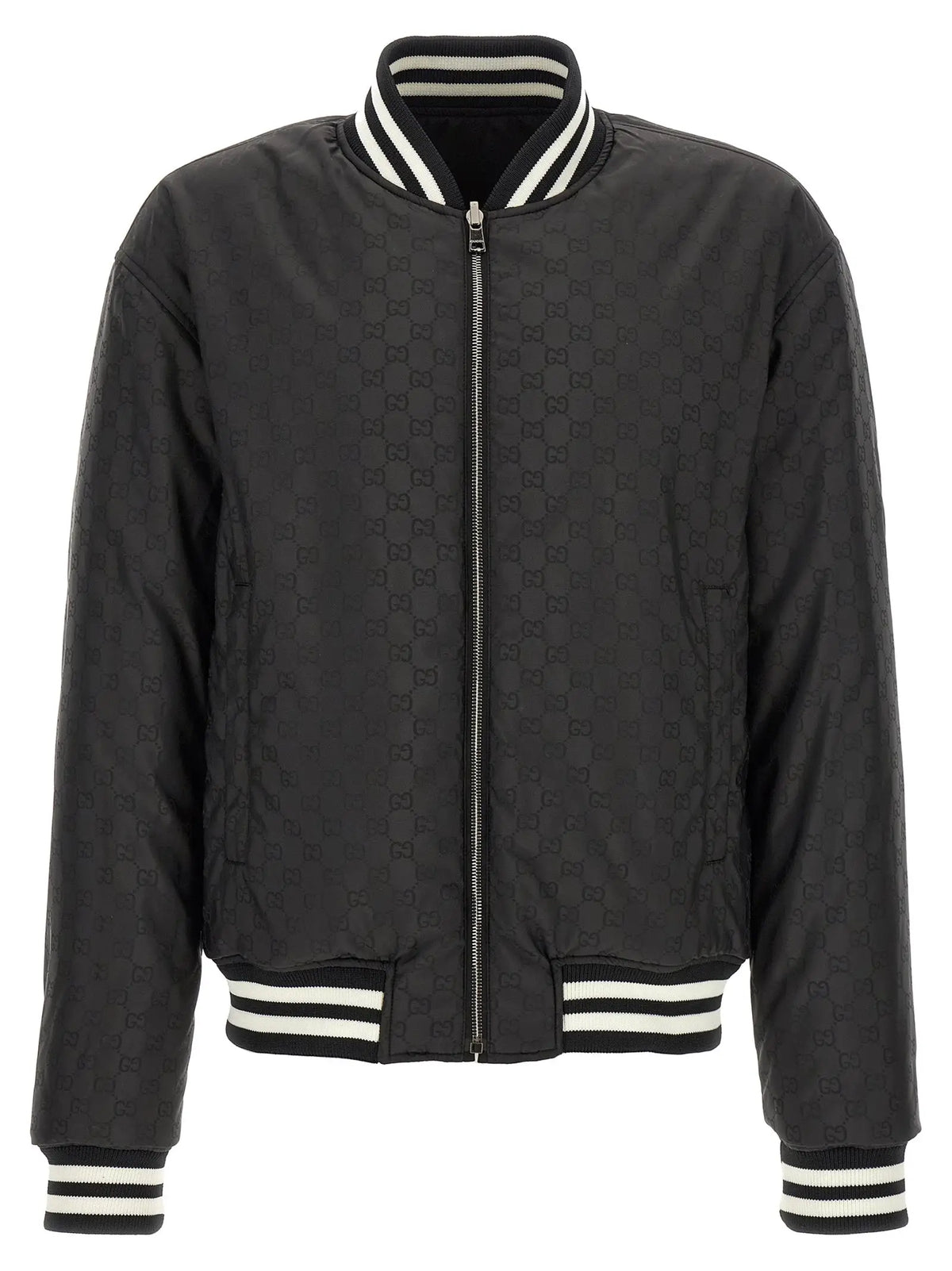 Blouson aviateur gucci bicolor en polyester noir avec logo discret et col boutonné rayé blanc et noir