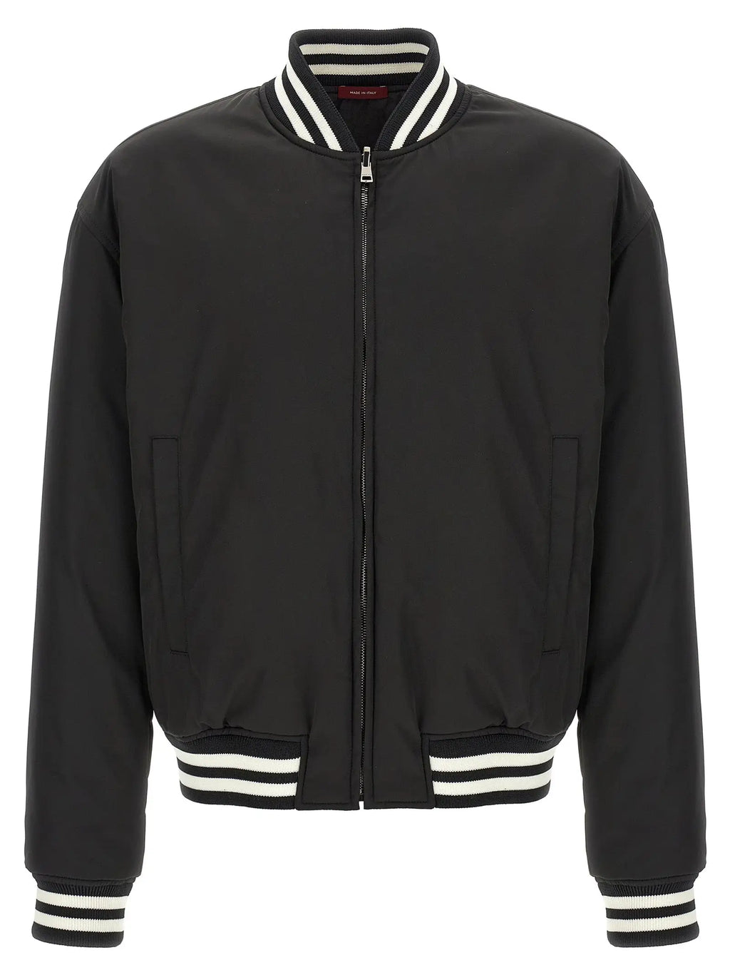 Blouson aviateur gucci bicolore noir en polyester avec col, poignets et ourlet côtelés blancs rayés