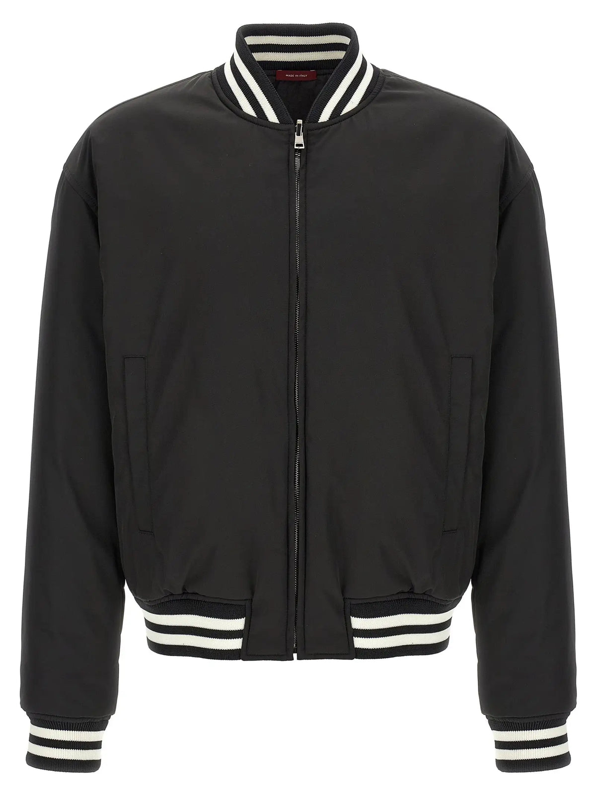 Blouson aviateur gucci bicolore noir en polyester avec col, poignets et ourlet côtelés blancs rayés