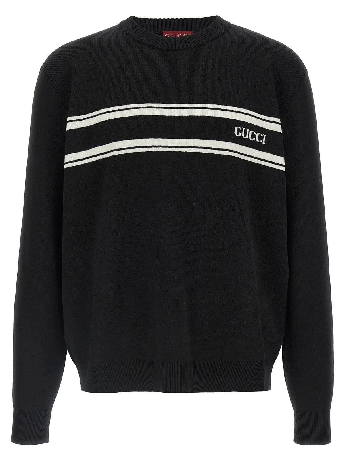 Cardigan en laine gucci bicolore noir avec deux bandes blanches horizontales et logo brodé sur la bande supérieure