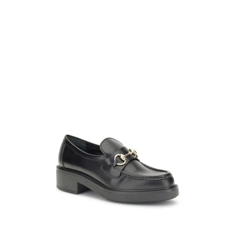 Gucci black calf leather bos taurus slip-on loafers with gold-tone horsebit buckle and chunky heel