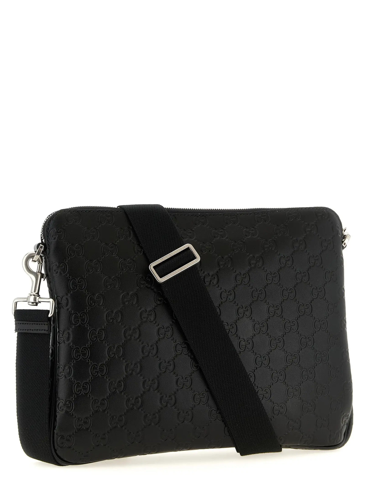 Housse dordinateur gucci noire en cuir de veau avec motif gg embossé et bandoulière ajustable crossbody